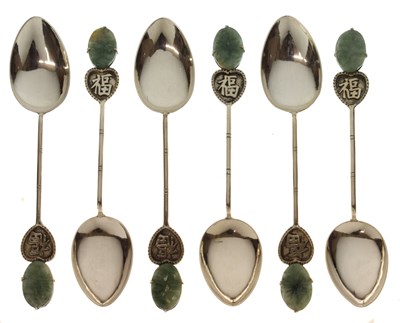 Lot 266 - Set of six Chinese white-metal teaspoons with jade finials