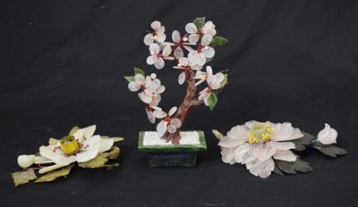 Lot 618 - Rose quartz and jade, and two jade candle holders