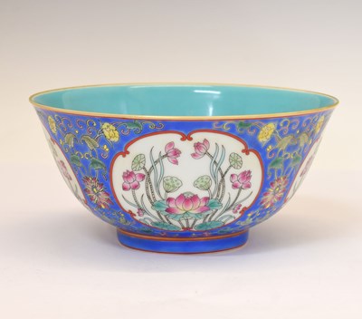 Lot 289 - Chinese Canton Famille Rose porcelain blue ground bowl, Qianlong mark