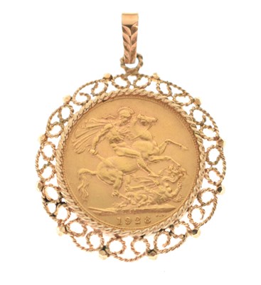 Lot 288 - George V gold sovereign, 1928, South African mint in a 9ct mount