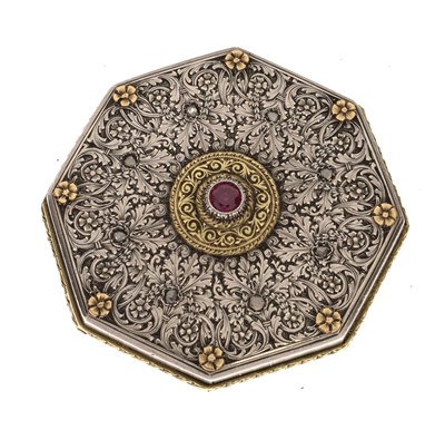 Lot 110 - White-metal parcel gilt compact of octagonal form