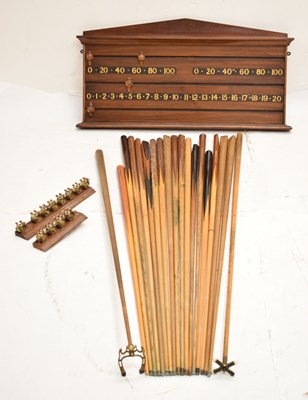 Lot 431 - R. Stevens & Sons mahogany snooker/billiards scoreboard and cues