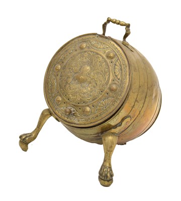 Lot 727 - Early 20th century Dutch brass barrel-shaped coal scuttle