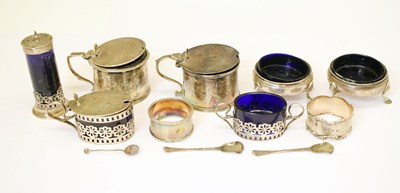 Lot 239 - Pair of George III silver cauldron salts, an Edward VII three-piece condiment set, etc