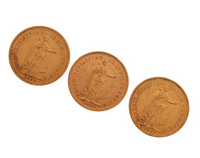 Lot 136 - Three Hungarian Franz Joseph I 10 Korona gold coins, 1892, 1898, 1899