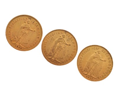 Lot 137 - Three Hungarian Franz Joseph I 10 Korona gold coins, 1904, 1910, 1911