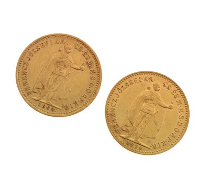 Lot 138 - Two Hungarian Franz Joseph I 10 Korona gold coins, 1904, 1910