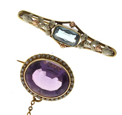 Lot 74 - Early 20th century brooch set amethyst-coloured stone and seed pearl border