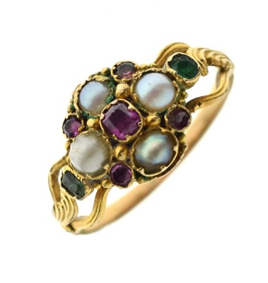 Lot 24 - 19th century ruby, emerald and pearl yellow metal flower head ring