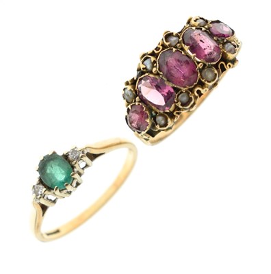 Lot 62 - Emerald and diamond three-stone 9ct gold ring