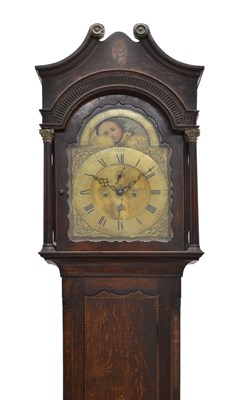 Lot 412 - Early 19th century inlaid oak-cased 8-day brass dial longcase clock, Jones, Chalford