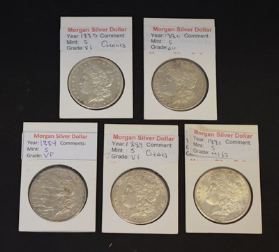 Lot 285 - Five USA 'Morgan' silver dollars San Francisco Mint