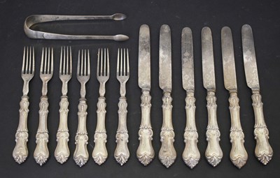 Lot 234 - Six silver-handled knives and forks circa 1830, plus Georgian sugar tongs