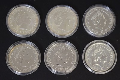 Lot 277 - Six Elizabeth II silver Britannia coins, various dates