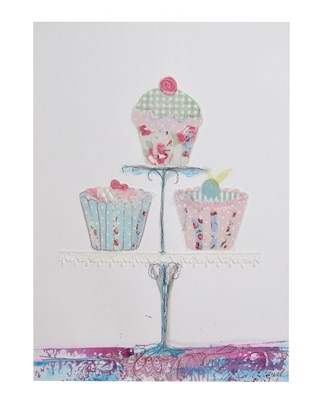 Lot 662 - Modern mixed media abstract picture of a cake stand with three cupcakes