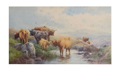 Lot 644 - Tom Rowden (1842-1926) - Watercolour - Highland landscape with cattle