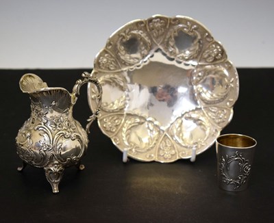 Lot 261 - Greek white-metal bowl, a German white-metal jug, and a German white-metal shot 'glass'