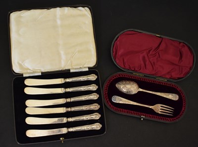 Lot 233 - Cased Victorian silver two-piece christening set, and a set of George VI silver-handled tea knives