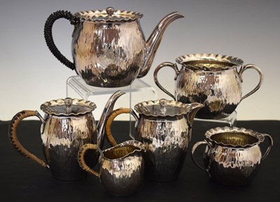 Lot 423 - Late 19th century silver-plated six-piece tea/coffee set with textured bark-effect finish