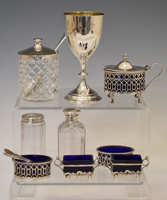 Lot 223 - George V silver trophy cup, white-metal three-piece condiment set, etc