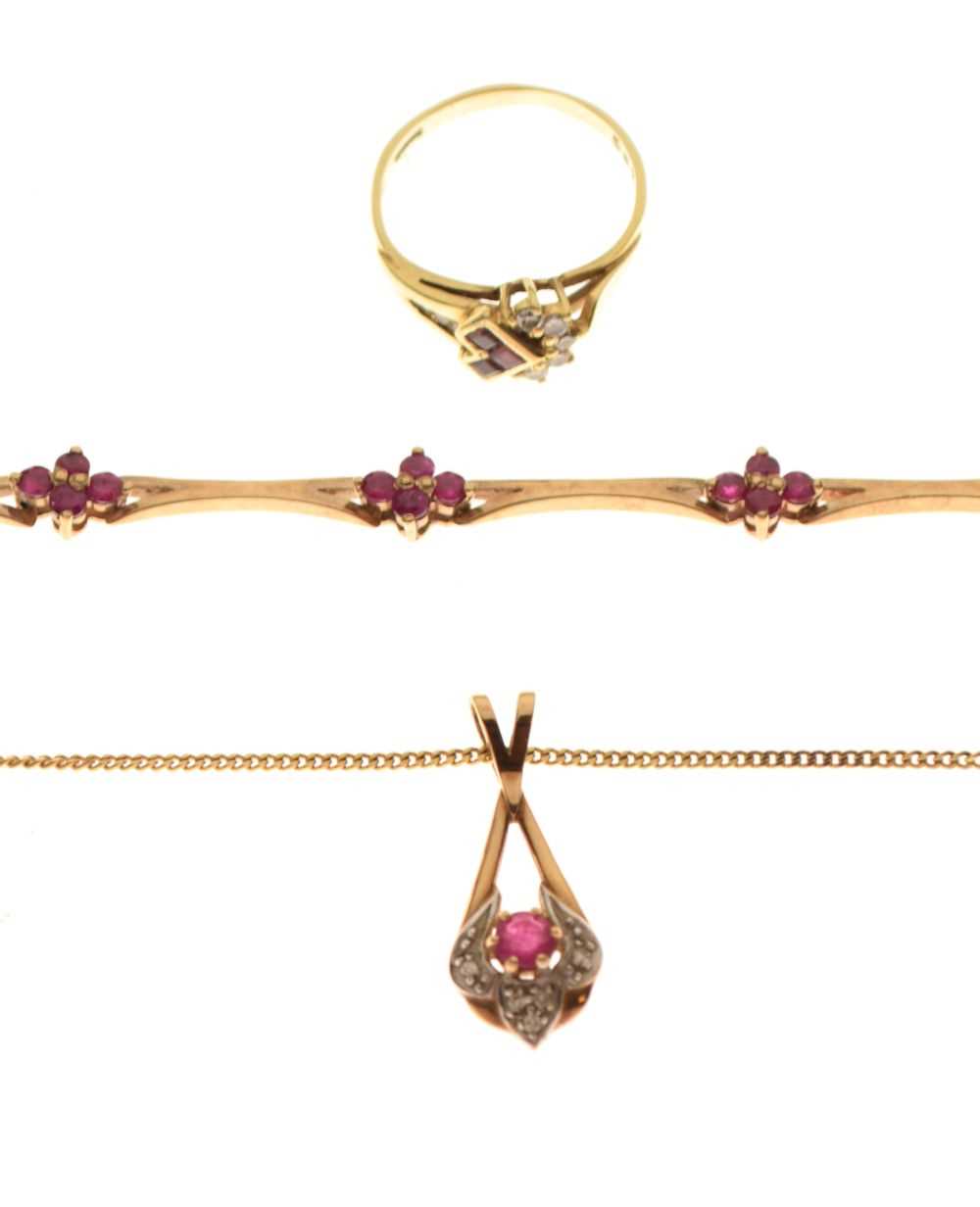Lot 88 - 9ct gold ruby and diamond pendant, bracelet and ring