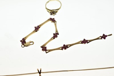 Lot 88 - 9ct gold ruby and diamond pendant, bracelet and ring
