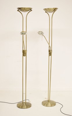 Lot 410 - Pair of modern brushed brass 'mother and daughter' adjustable standard lamps