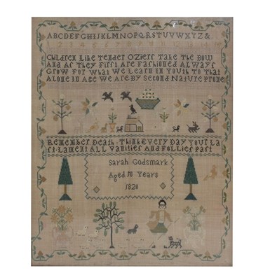 Lot 676 - George IV needlework sampler, 'Sarah Godsmark Aged 10 Years 1820'