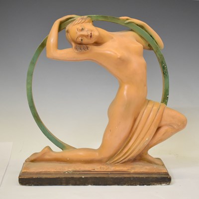 Lot 592 - Art Deco plaster figure depicting a nude dancer with hoop