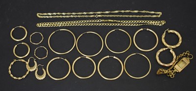 Lot 158 - Assorted 9ct gold chains, 9ct gold and unmarked yellow metal hoop earrings