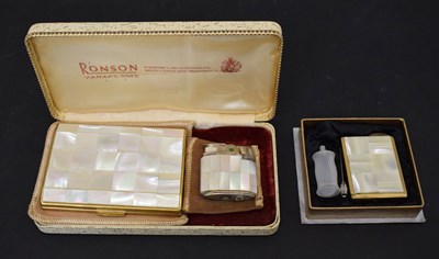 Lot 378 - Ronson Varaflame cased lighter set and mother-of-pearl atomiser