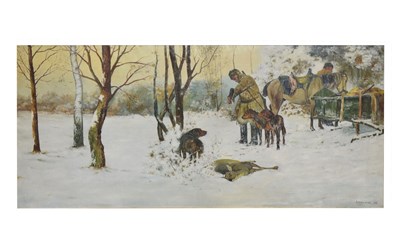 Lot 659 - A. Dotrowski (Polish, 20th century) - Oil on canvas laid on board - Snowy hunting scene