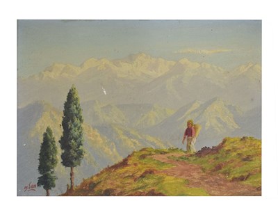 Lot 640 - M. Sain (20th century) - Oil on board - Mountainous landscape with figure