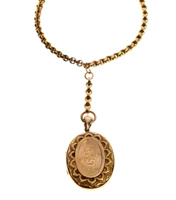 Lot 109 - '9ct' yellow metal belcher link book chain and oval gilt metal locket