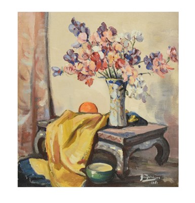 Lot 652 - George Hutchison - Oil on board - Still life of a vase of flowers on a table