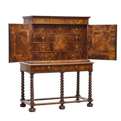 Lot 501 - Fine Charles II walnut veneered cabinet on original stand, circa 1670