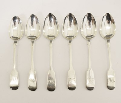 Lot 309 - Matched set of six 19th century silver Fiddle pattern teaspoons, Exeter