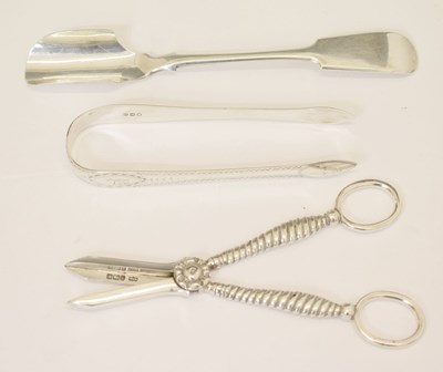 Lot 221 - Pair of Edward VII silver grape scissors, a pair of Georgian silver sugar tongs, etc