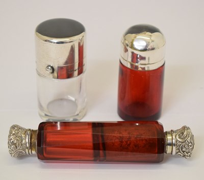 Lot 356 - Victorian silver-plated mounted twin cranberry glass scent bottle, etc