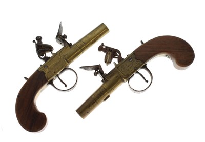 Lot 158 - Pair of 54 bore flintlock brass barrelled pocket pistols by E. Joseph & Co., Liverpool