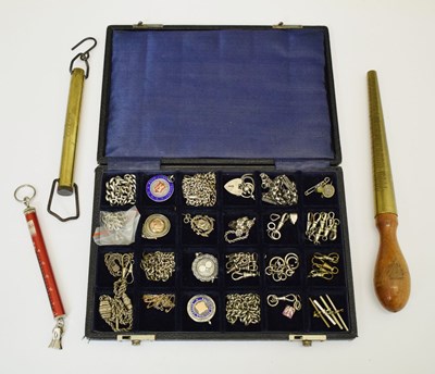 Lot 384 - Case of silver and white-metal fobs, swivels, clips, etc