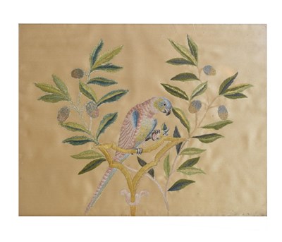 Lot 675 - Early 20th century embroidered picture of a parrot perched in foliage