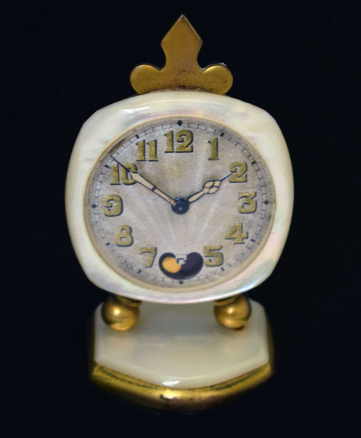 Lot 424 - French mother-of-pearl miniature desk clock, cased