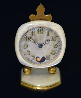 Lot 424 - French mother-of-pearl miniature desk clock, cased