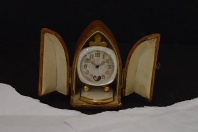 Lot 424 - French mother-of-pearl miniature desk clock, cased