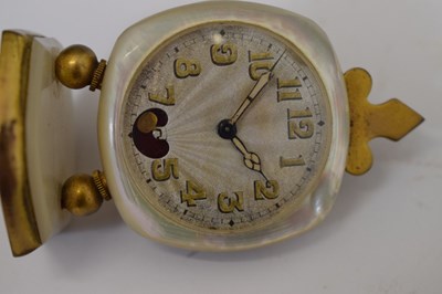 Lot 424 - French mother-of-pearl miniature desk clock, cased