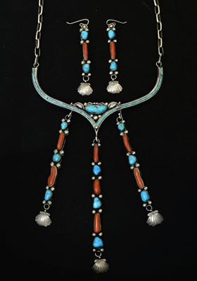 Lot 66 - Turquoise and coral silver pendant necklace with matching earrings