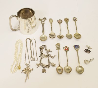 Lot 217 - George V silver christening mug, silver-plated spoons, and silver jewellery, etc