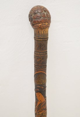 Lot 462 - Japanese carved bamboo walking stick decorated with three geisha or bijin