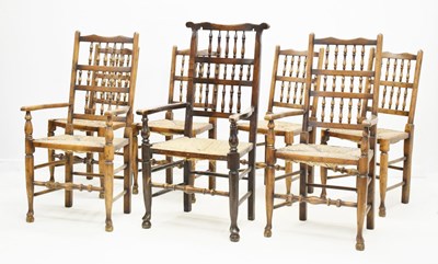 Lot 532 - Set of six reproduction rush-seated ash and fruitwood spindle-back chairs